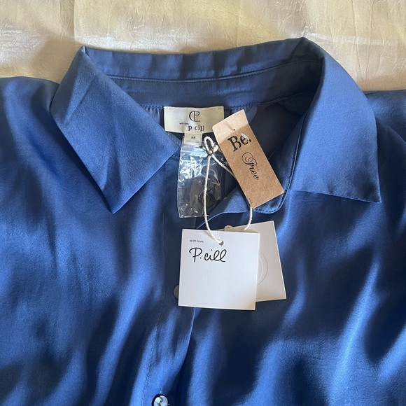 P. cill - Sky Blue Satin Button-Up Boyfriend Dress - Picture 8 of 8